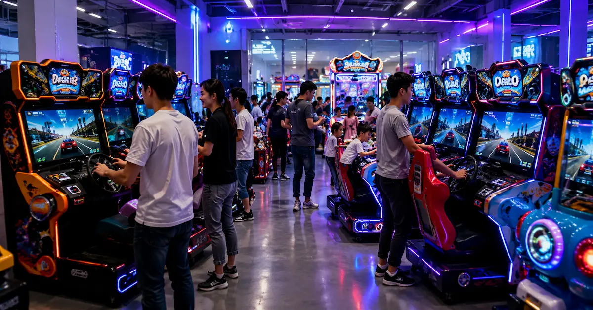 Players using arcade machines in venue