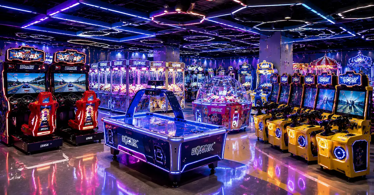 Arcade equipment manufacturer showroom scene
