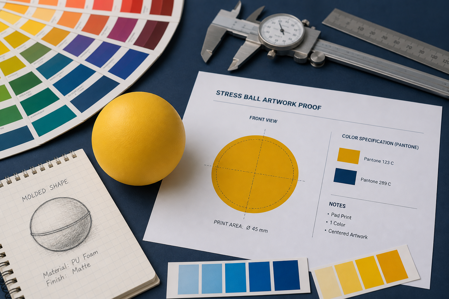 Custom stress balls with logo: sketches, color chips, mold and foam prototypes