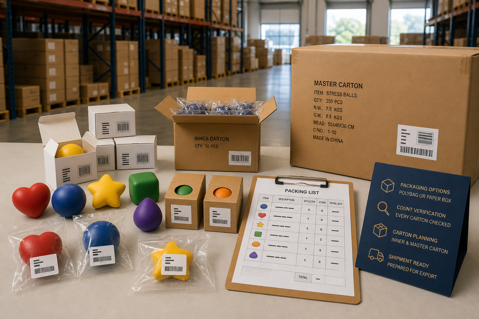 Workers inspecting and packing bulk promotional stress balls in export cartons