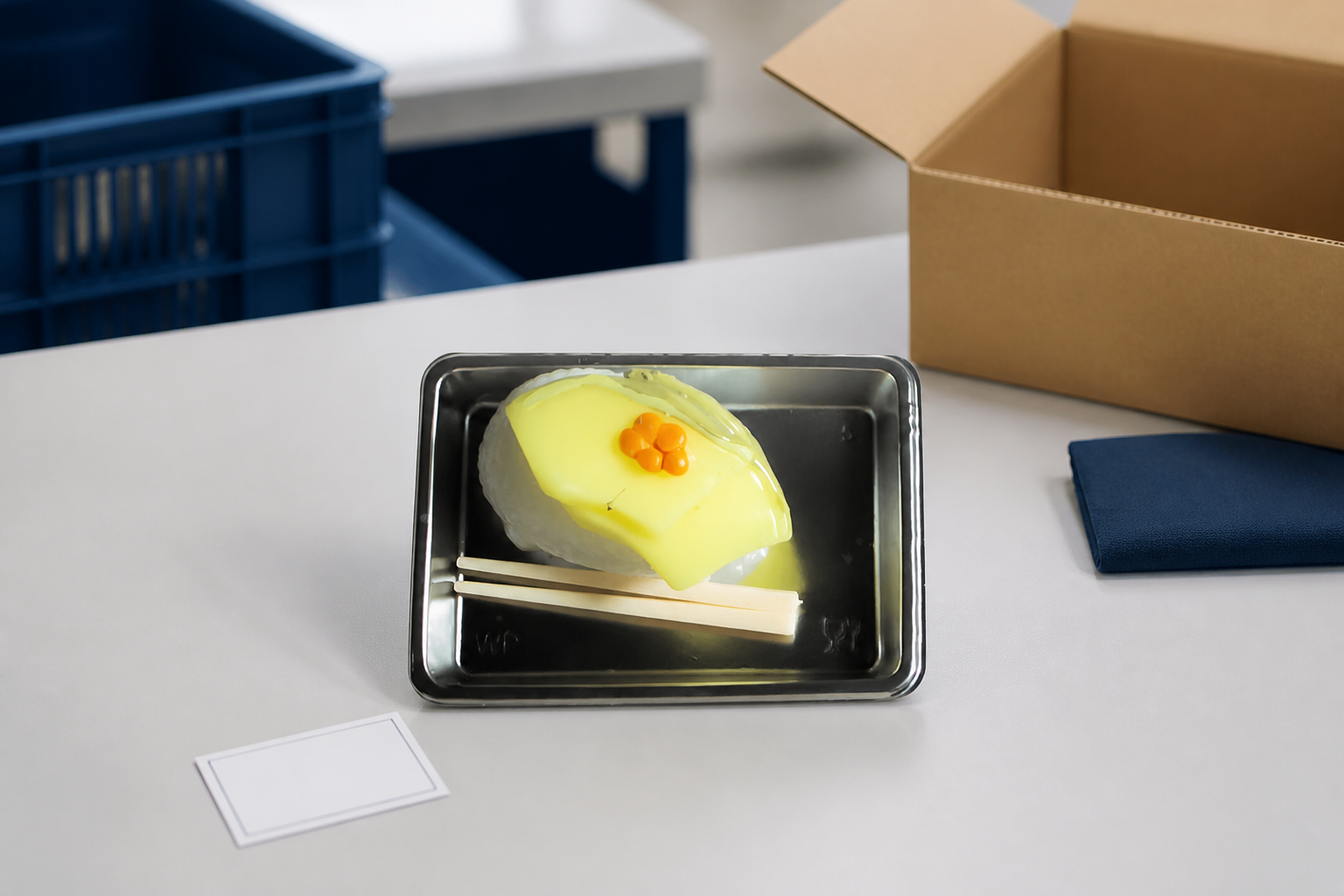 Sushi mochi squishy in a quality-control and pack-out setting