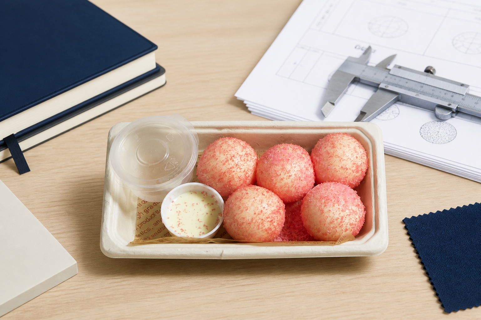 Strawberry mochi squishy samples on a B2B product review desk
