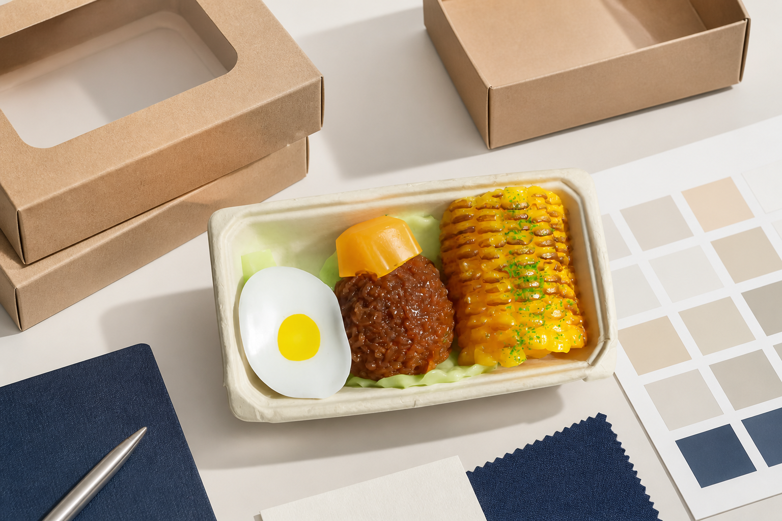 Mochi squishy food set on a retail packaging planning desk