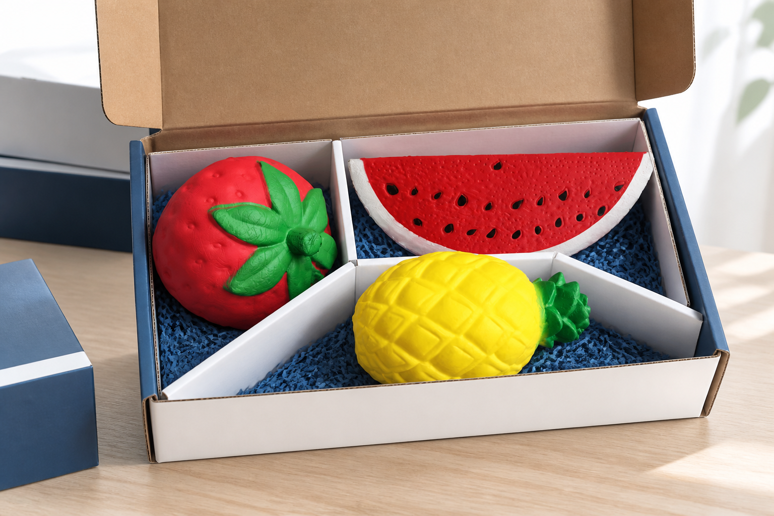 Fruit-shaped slow-rising squishies in a protected wholesale pack-out concept
