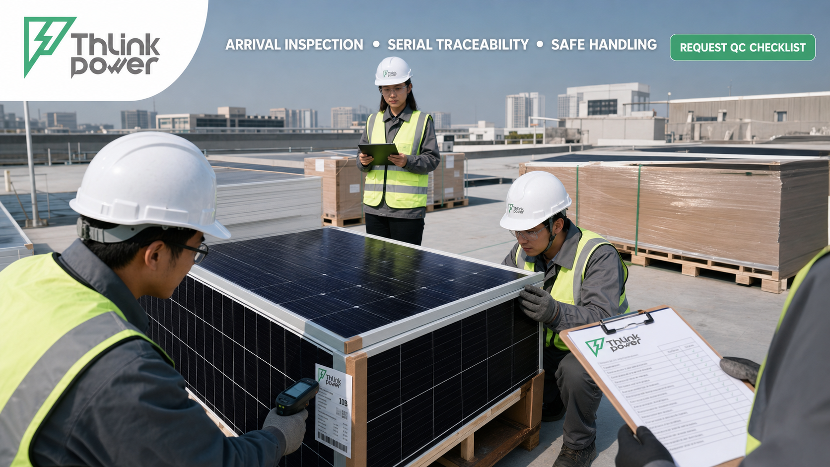 THLink Power solar panel arrival inspection and serial traceability at a commercial rooftop project