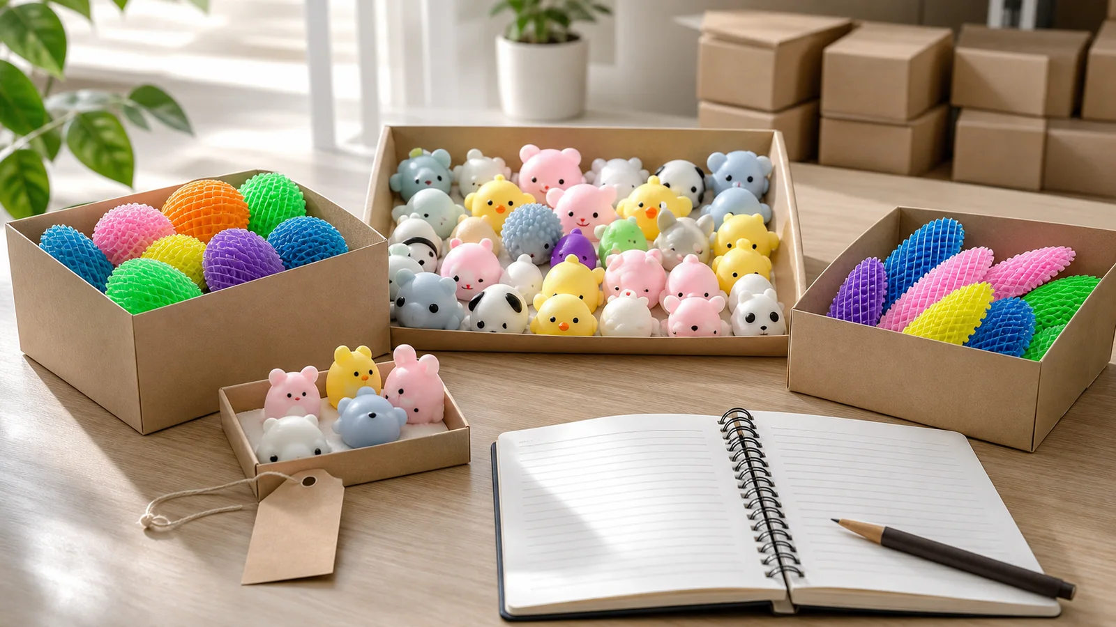 Wholesale fidget and mochi squeeze toy assortment in unbranded retail display boxes