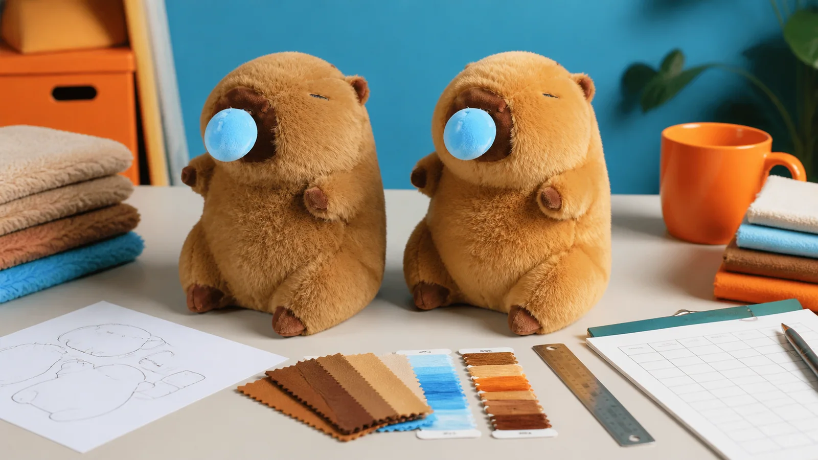 Two custom capybara plush samples with fabric, thread, patterns and inspection checklist