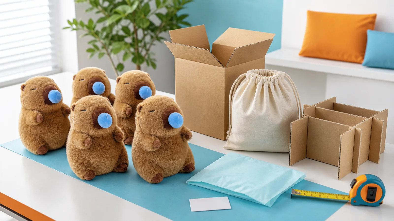 Custom capybara plush toys with kraft packaging, pouch, carton divider and measuring tape