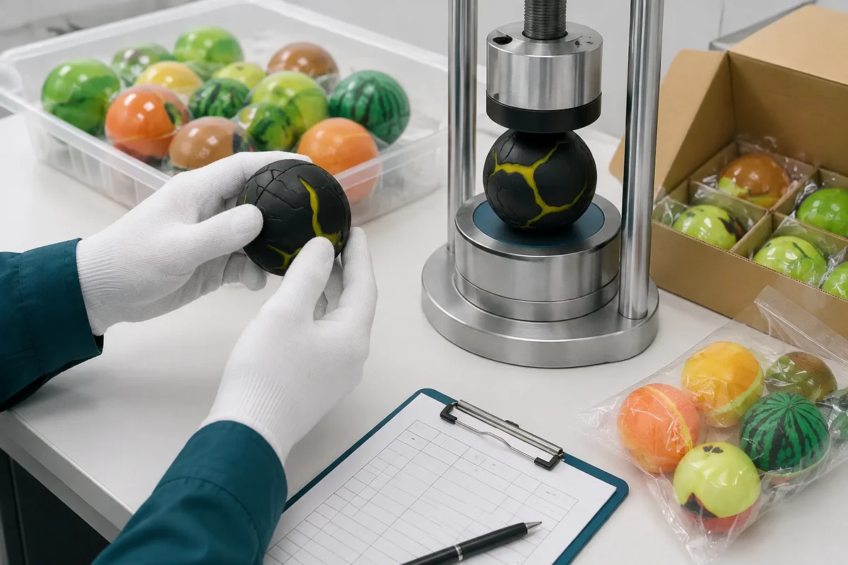 Bulk foam ball quality control, compression review and packaging inspection