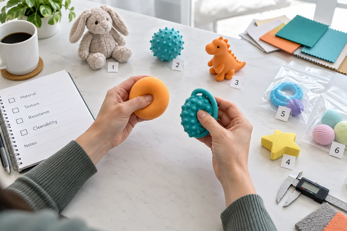 Buyer reviewing sensory toys wholesale samples by texture resistance material and cleanability