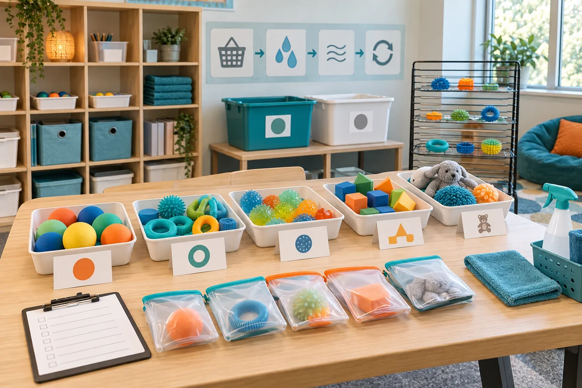 Organized sensory toy support program station with washable bins product cards and inspection checklist