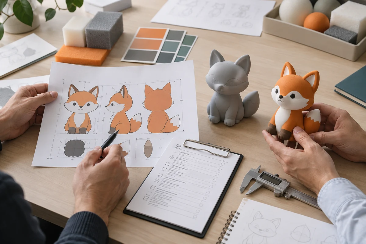 Buyer and designer reviewing a PU foam toys manufacturer mascot model with controlled front side and back views