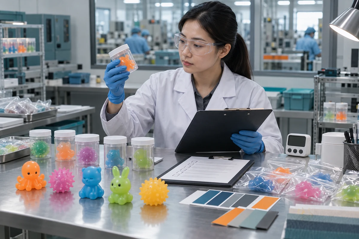 Buyer and TPR squeeze toy manufacturer reviewing material records sealed samples and an odor comparison protocol