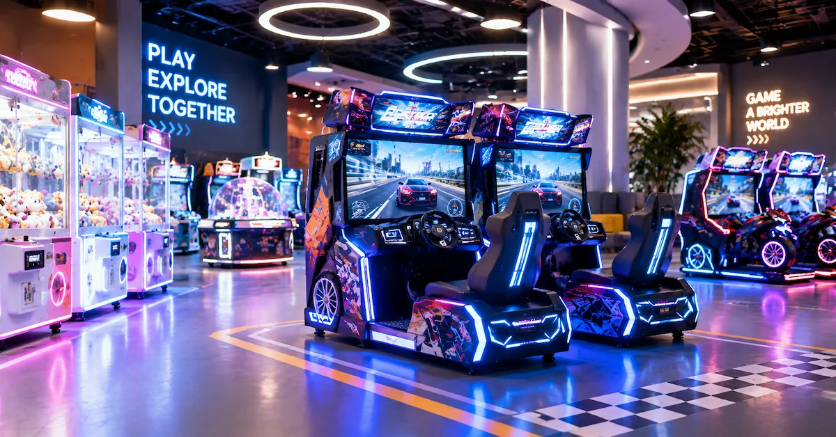 Indoor arcade with basketball machines
